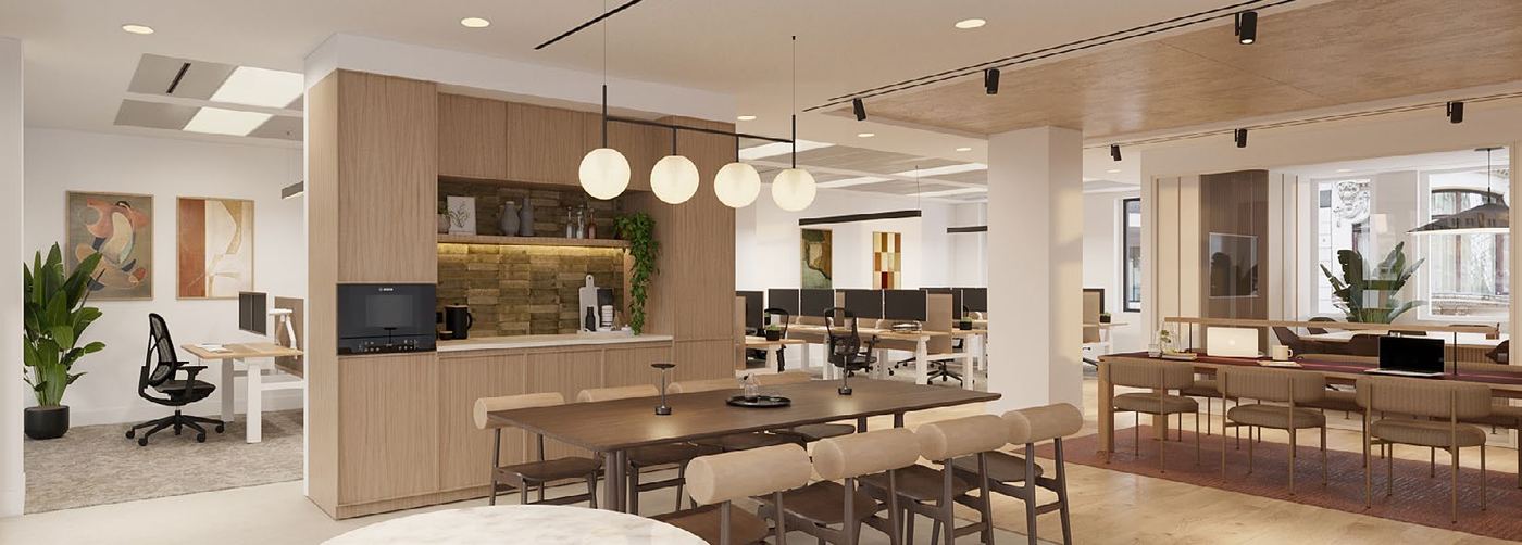 Completed CAT B office with kitchen, joinery and feature lighting